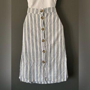 Striped Linen Skirt Effortless Beach Style Front Buttons Sz Small